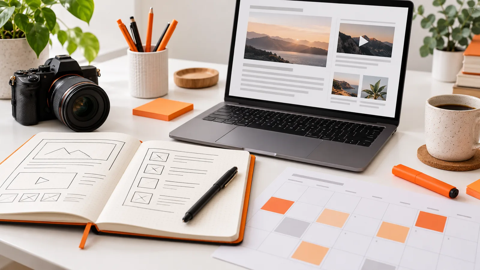Editorial planning workspace with a laptop, camera, blank calendar and orange stationery arranged on a white desk.