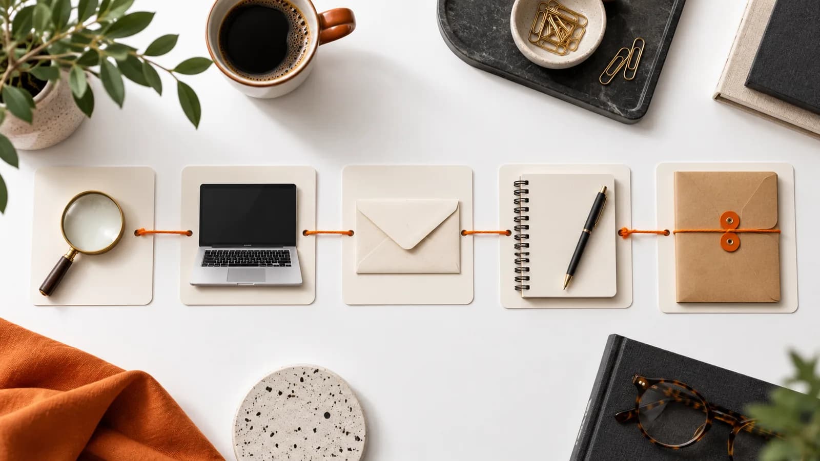 Five blank journey cards connected by orange string between search, laptop, envelope, consultation and delivery props.
