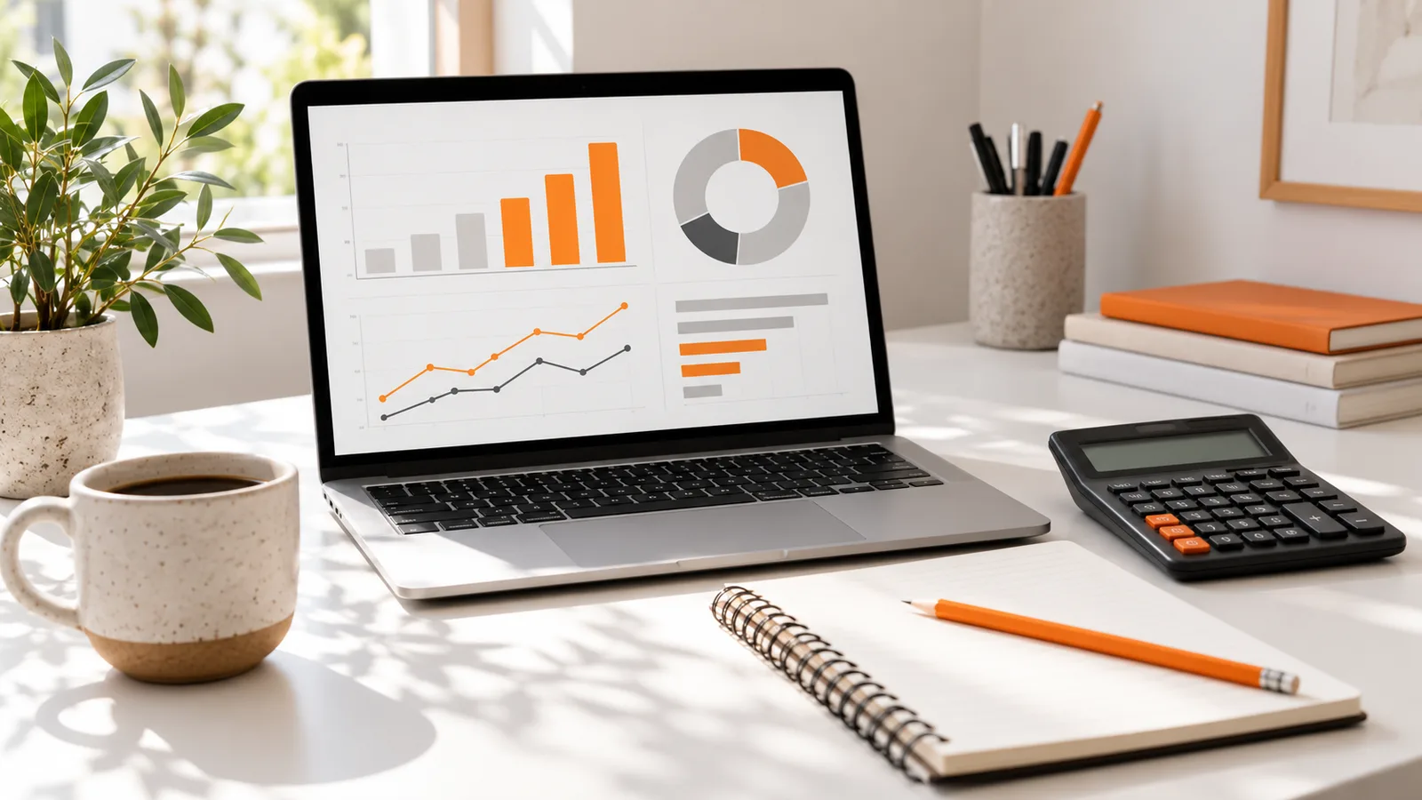 Laptop displaying abstract marketing charts beside a calculator, blank ledger and orange pencil on a clean desk.