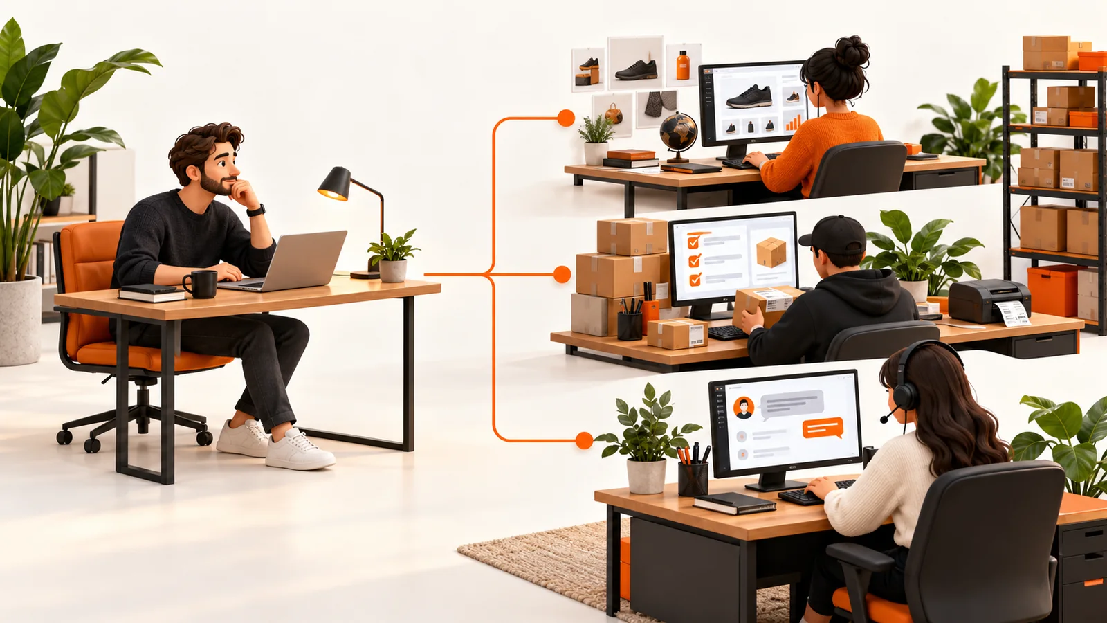 Illustrated business owner reviewing reports beside a coordinated ecommerce team handling research, orders and customer support.