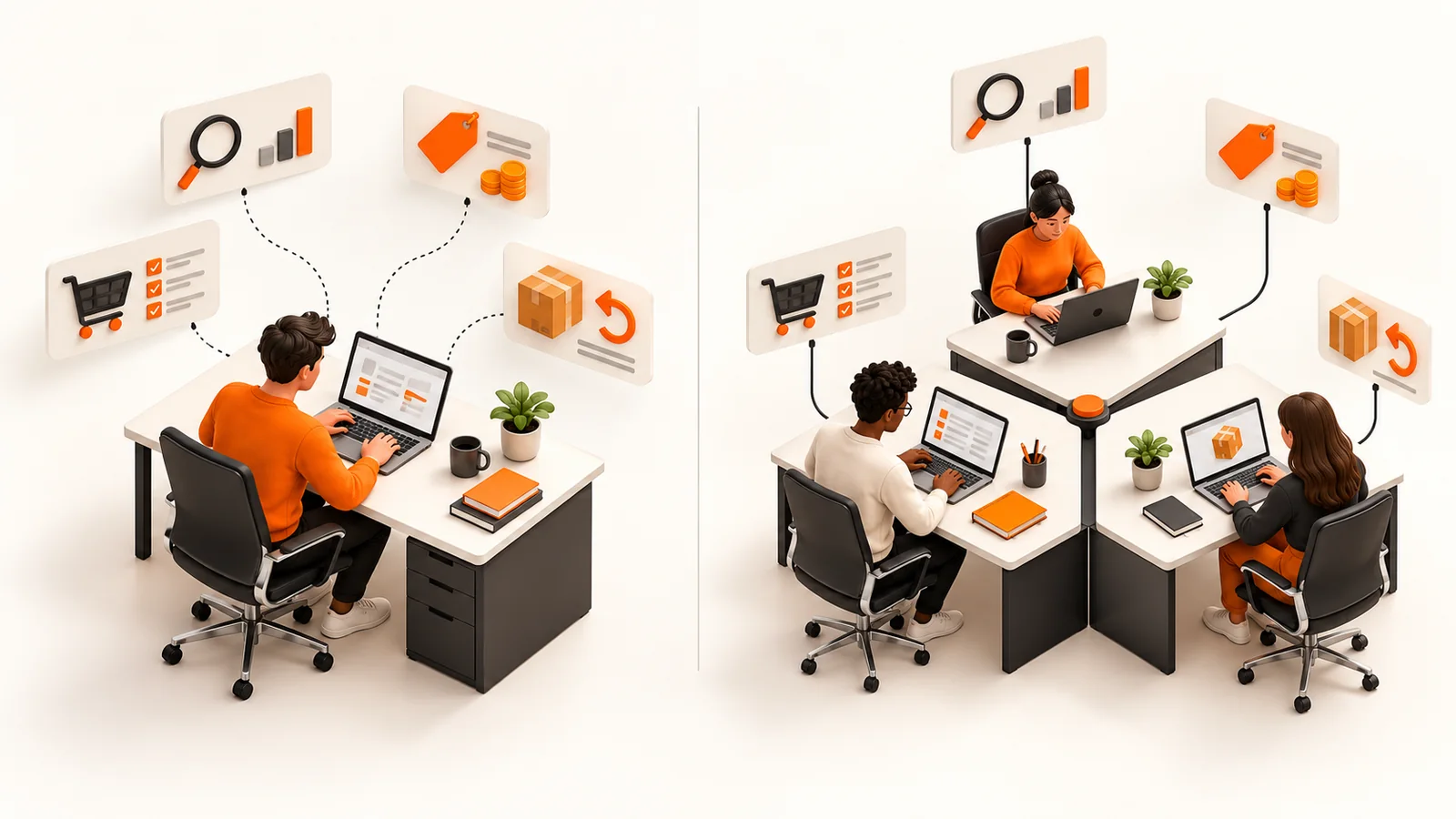 Illustrated comparison of one ecommerce operator managing multiple tasks and a coordinated team sharing the same operating workload.