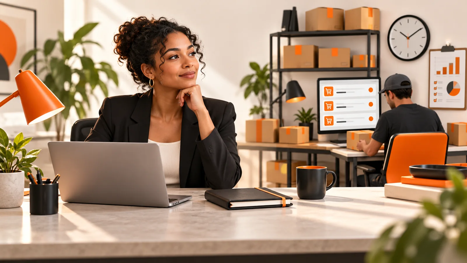 Illustrated professional workspace beside a separate ecommerce operations station with order cards, parcels and an oversight report.