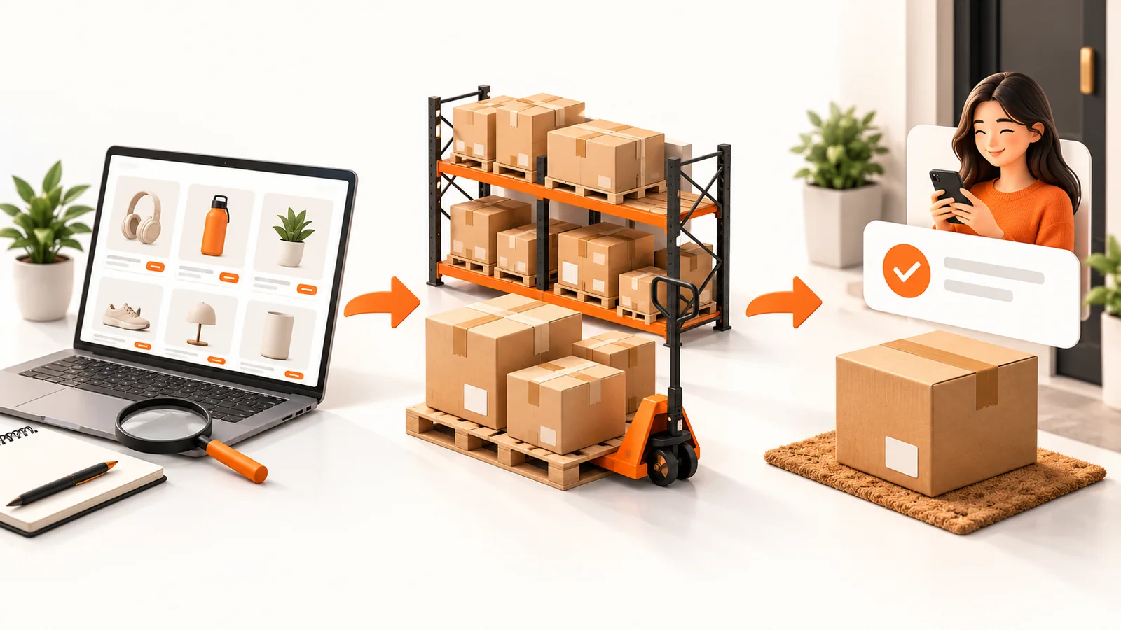 Illustrated ecommerce workflow connecting product research, a wholesale supplier, shipment handling and customer order confirmation.