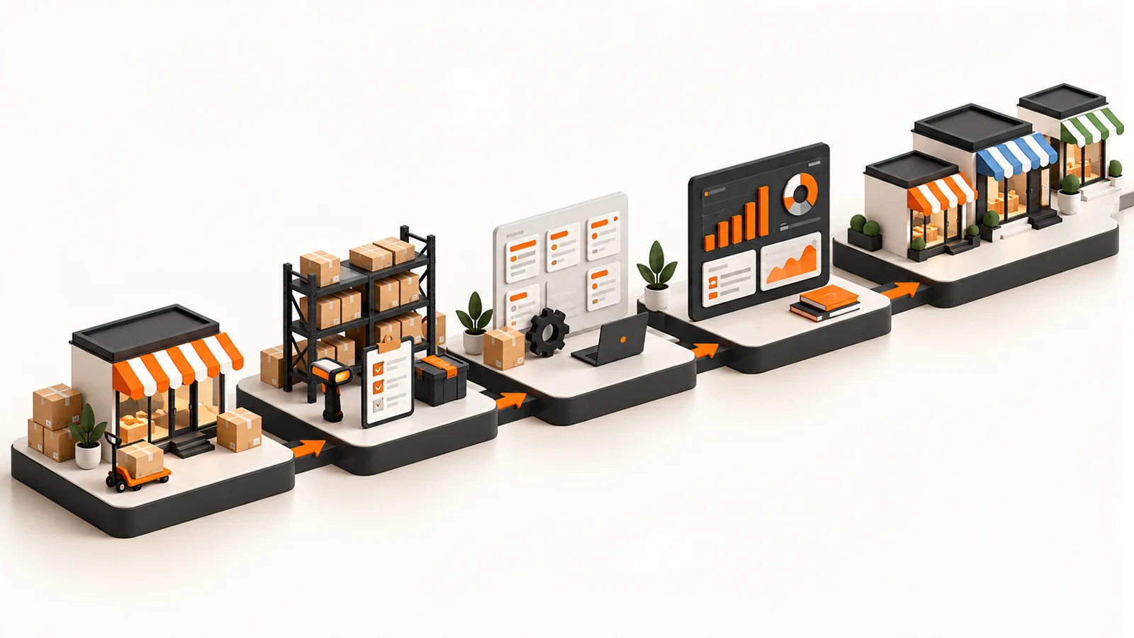 Illustrated five-stage ecommerce roadmap progressing from a single storefront through supplier controls and reporting to multiple distinct sales channels.