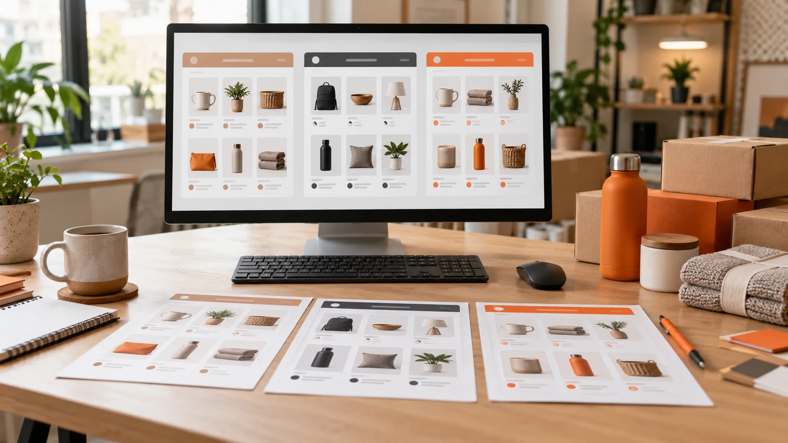 Three abstract marketplace planning views alongside packaged product samples on a clean seller workspace.