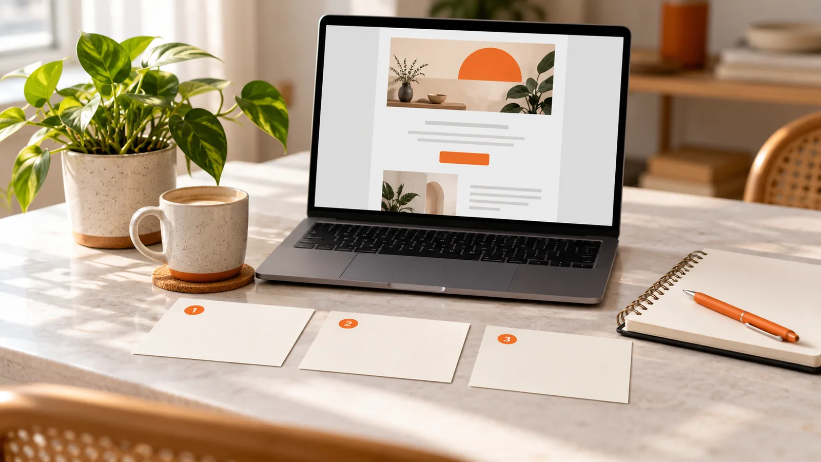 Laptop with an abstract newsletter layout beside three sequence cards and orange stationery on a bright desk.