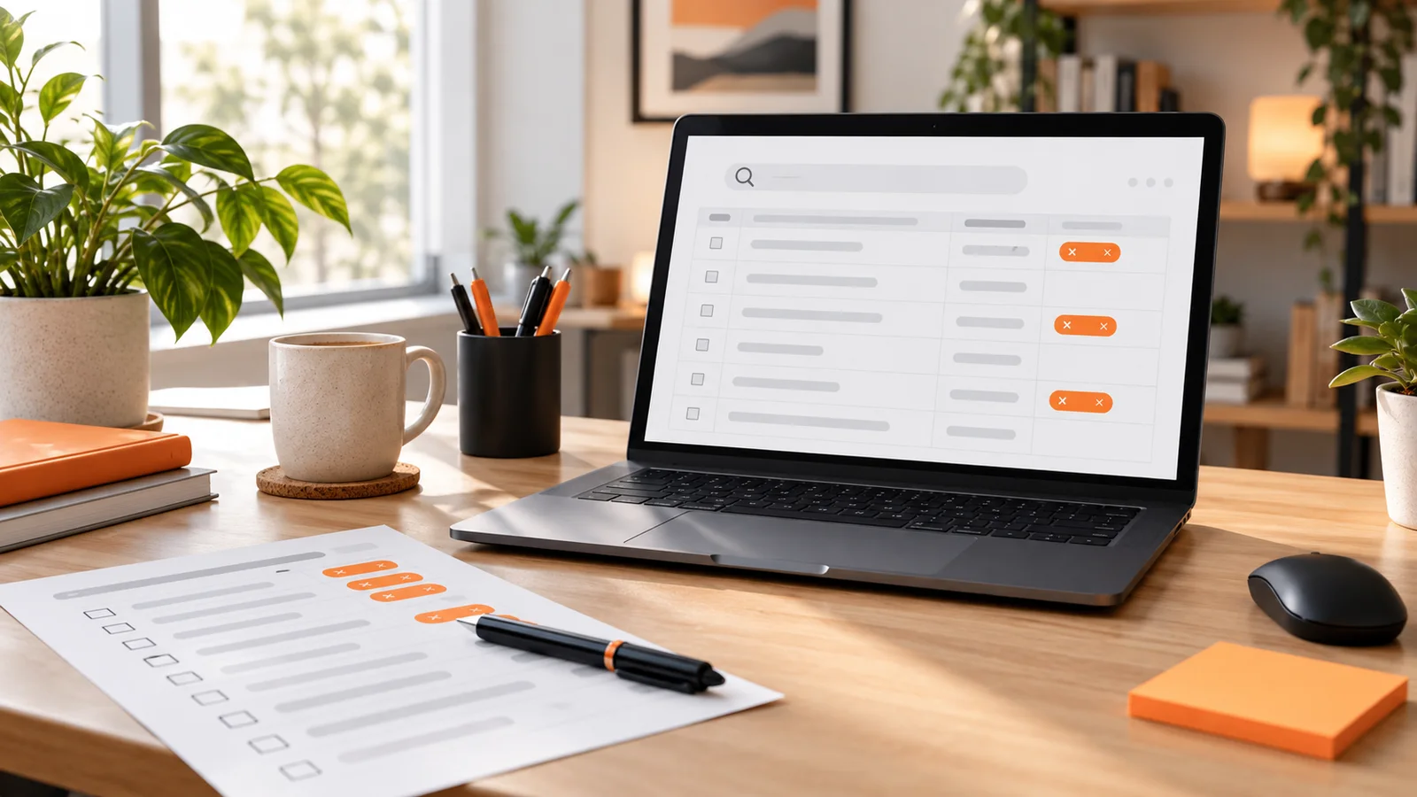 Search-query review workspace with an abstract table, orange exclusion tags, and a printed checklist.