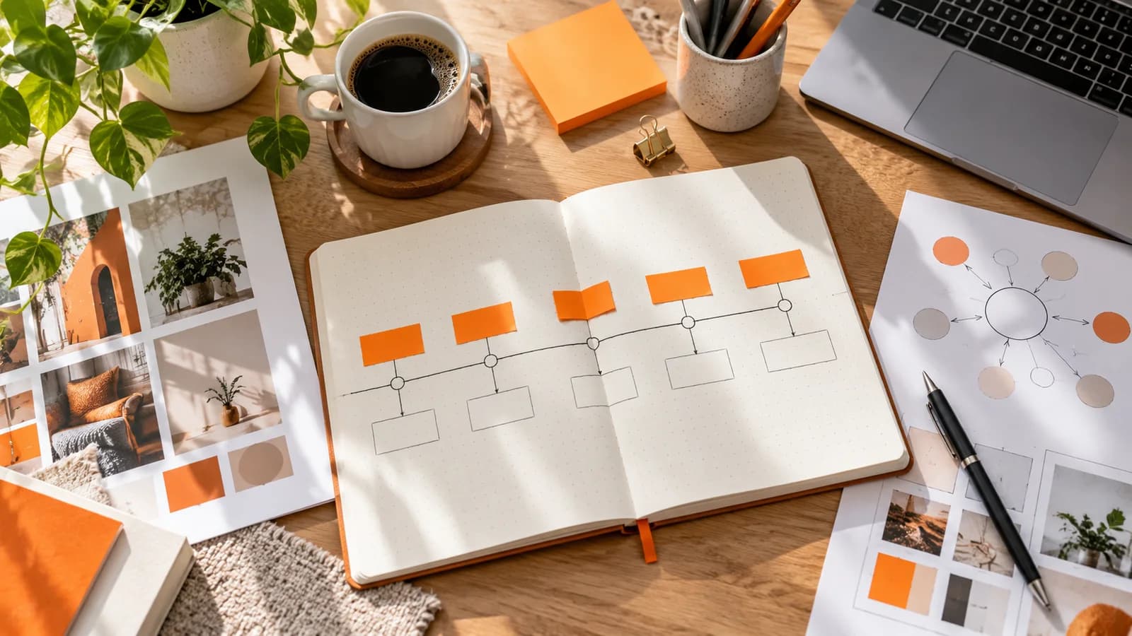 Marketing planning notebook, timeline sheets, orange tabs, and a laptop arranged on a clean desk.