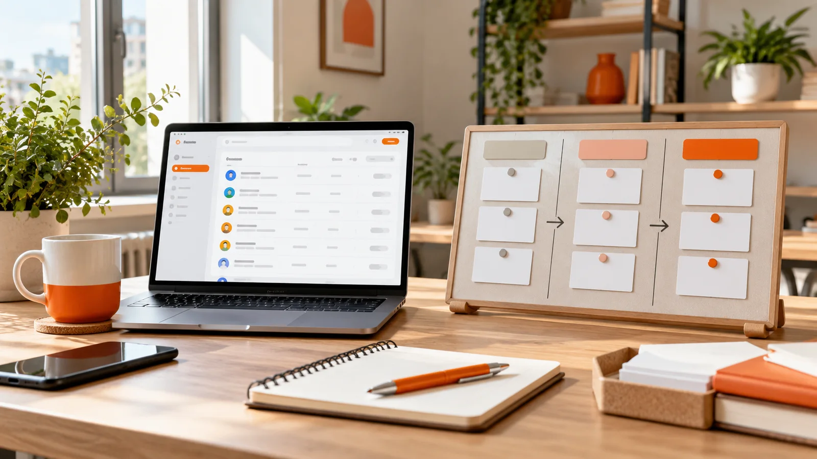 Contact cards organised into a simple sales pipeline beside a laptop on a bright office desk.