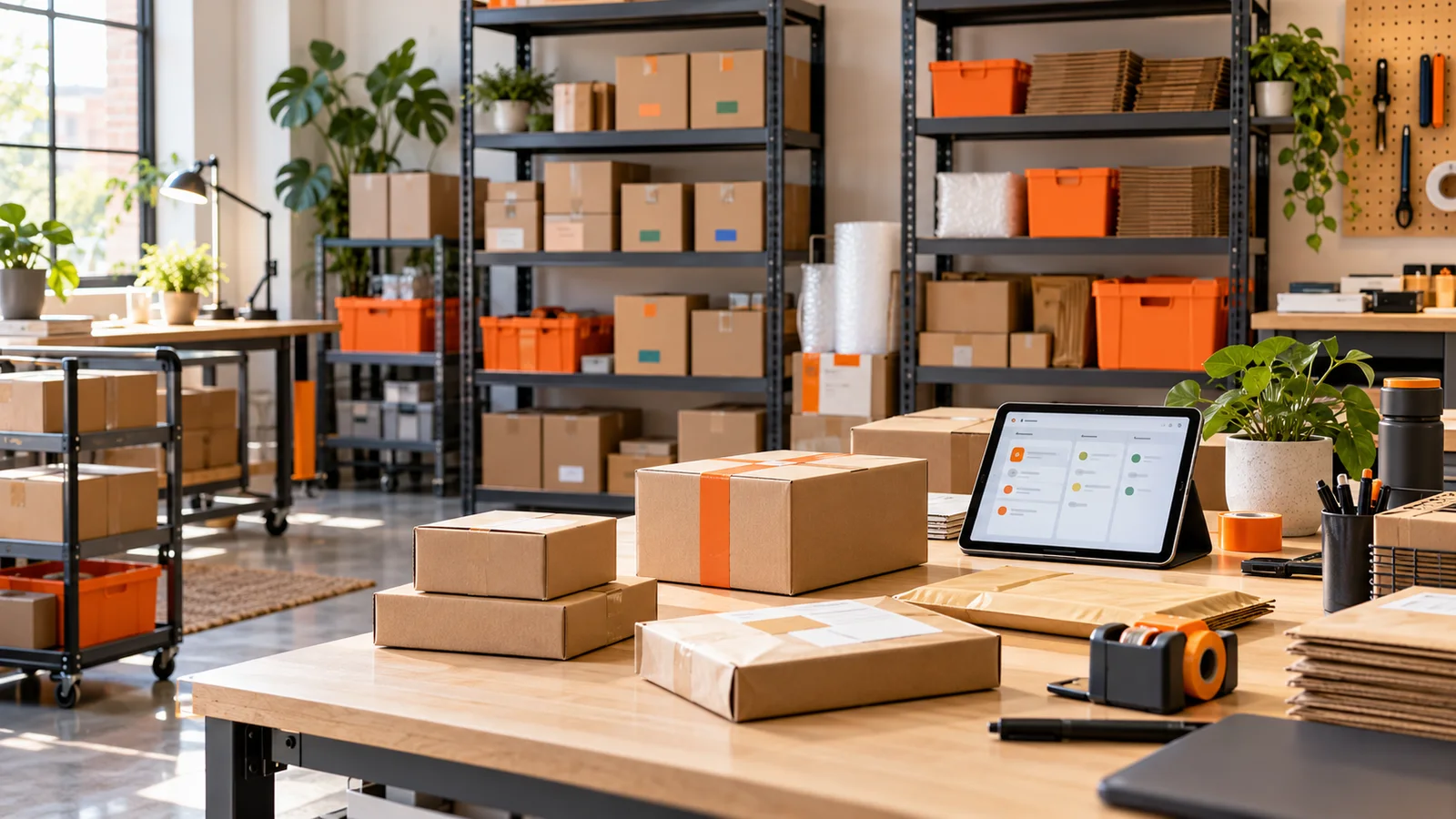 Organised fulfilment stockroom with colour-coded shelves, packed orders, and a tablet showing an abstract workflow.