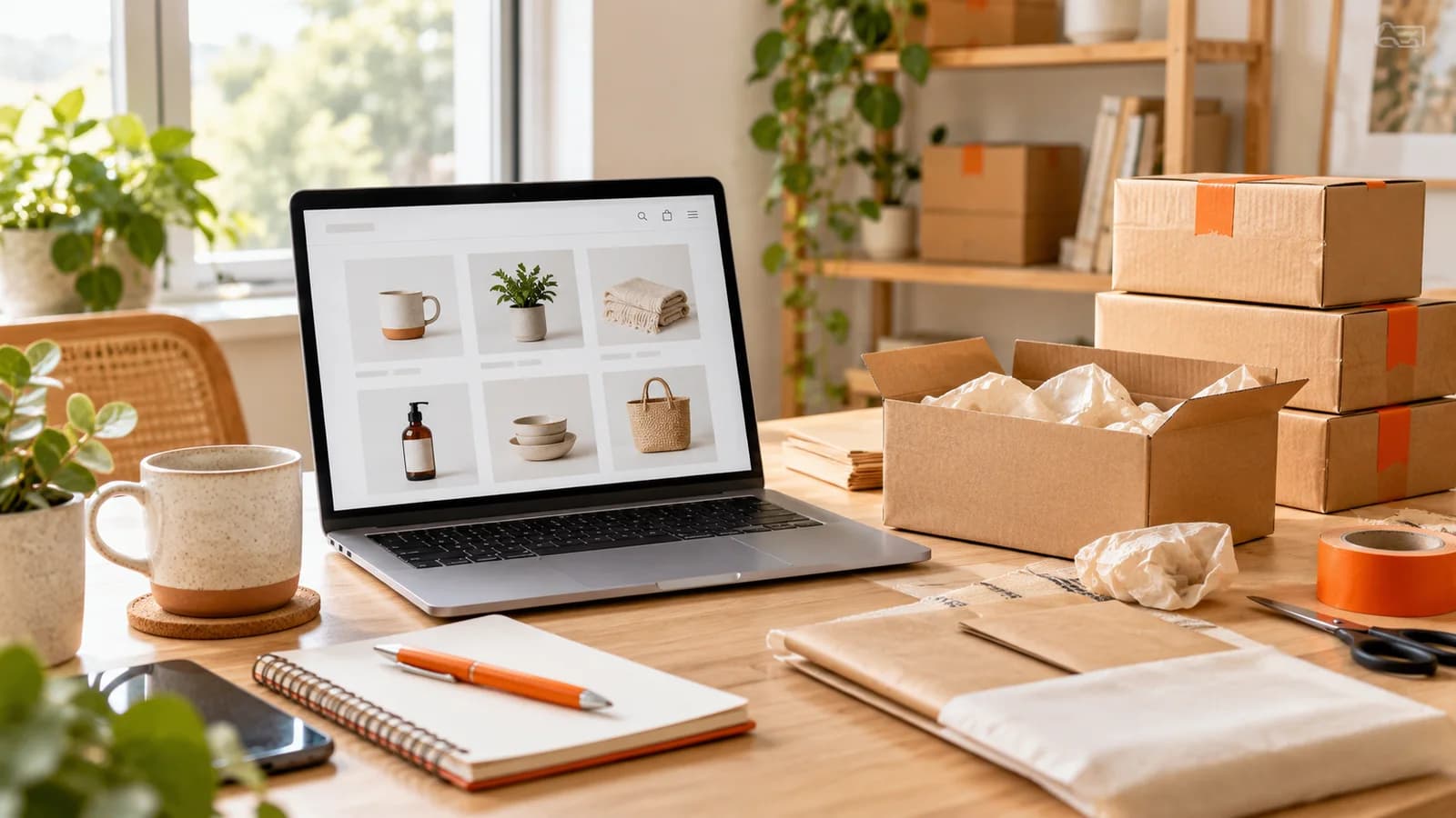 Laptop displaying an unbranded online storefront beside shipping boxes and packing supplies in a bright workspace.
