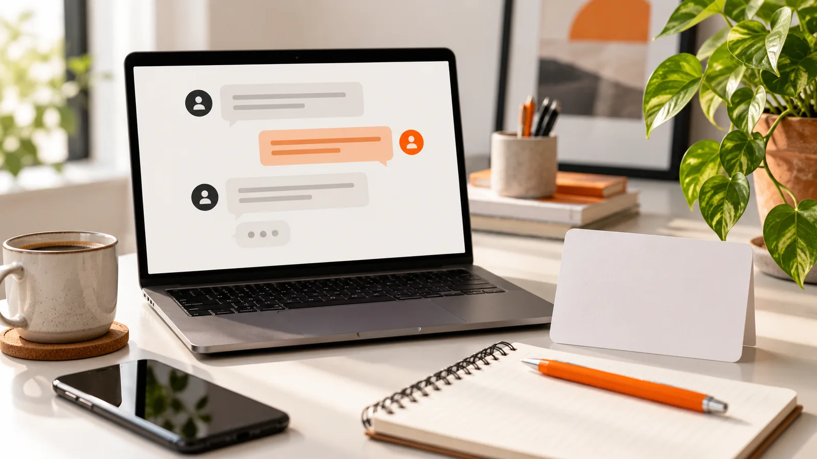 Laptop showing an abstract customer conversation beside a blank feedback card, notebook and orange pen on a bright desk.