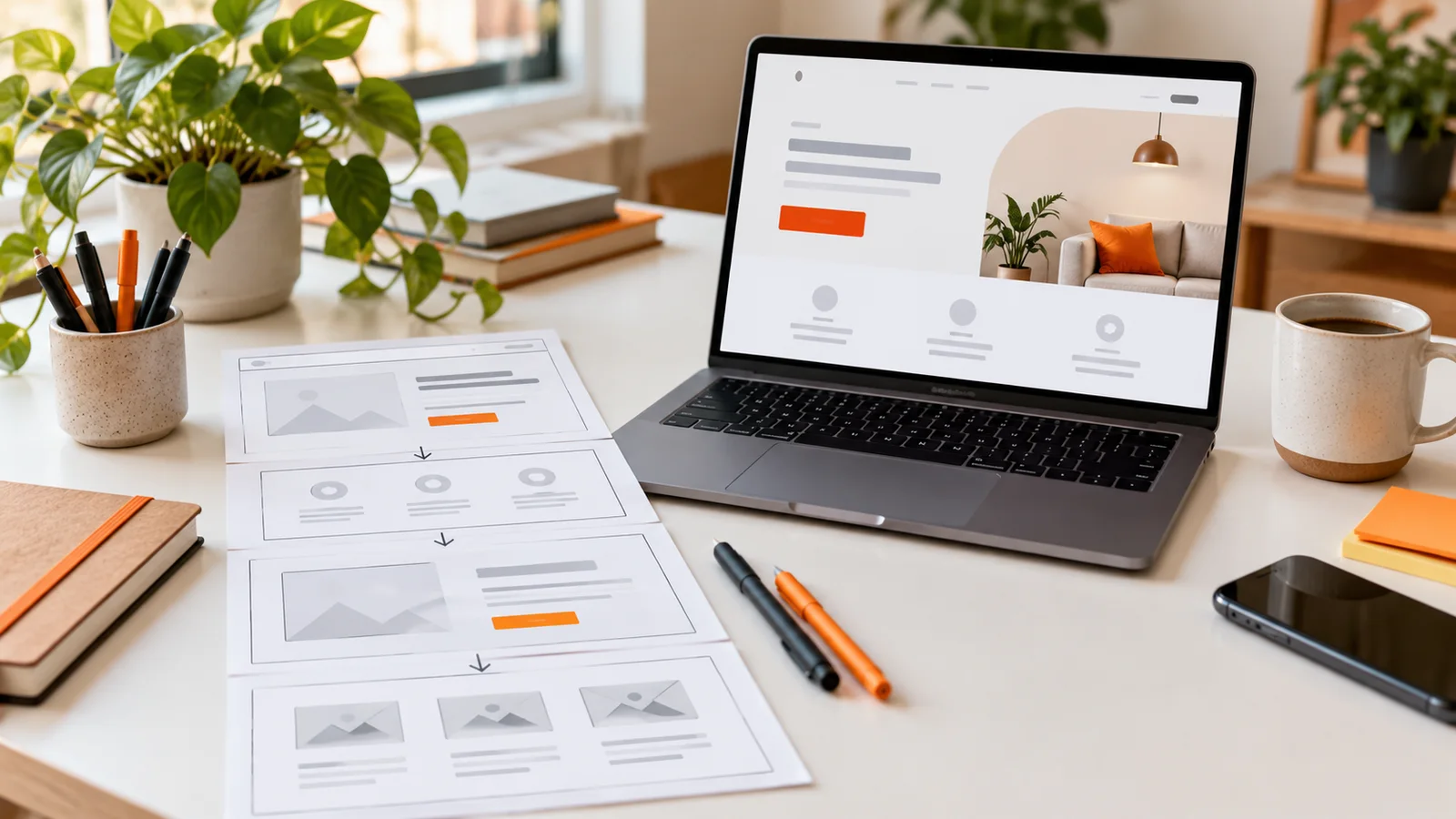 Paper landing-page wireframes beside a laptop showing a simple service page with an orange action button.