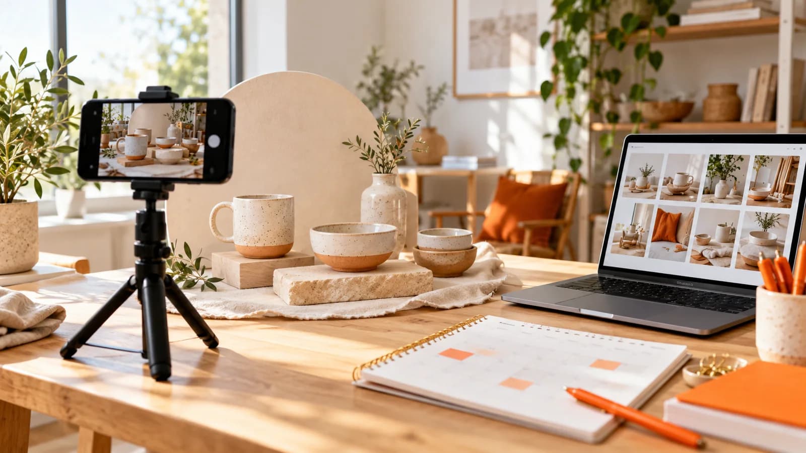 Smartphone on a desk tripod beside a ceramic product setup, content calendar, and laptop with image thumbnails.