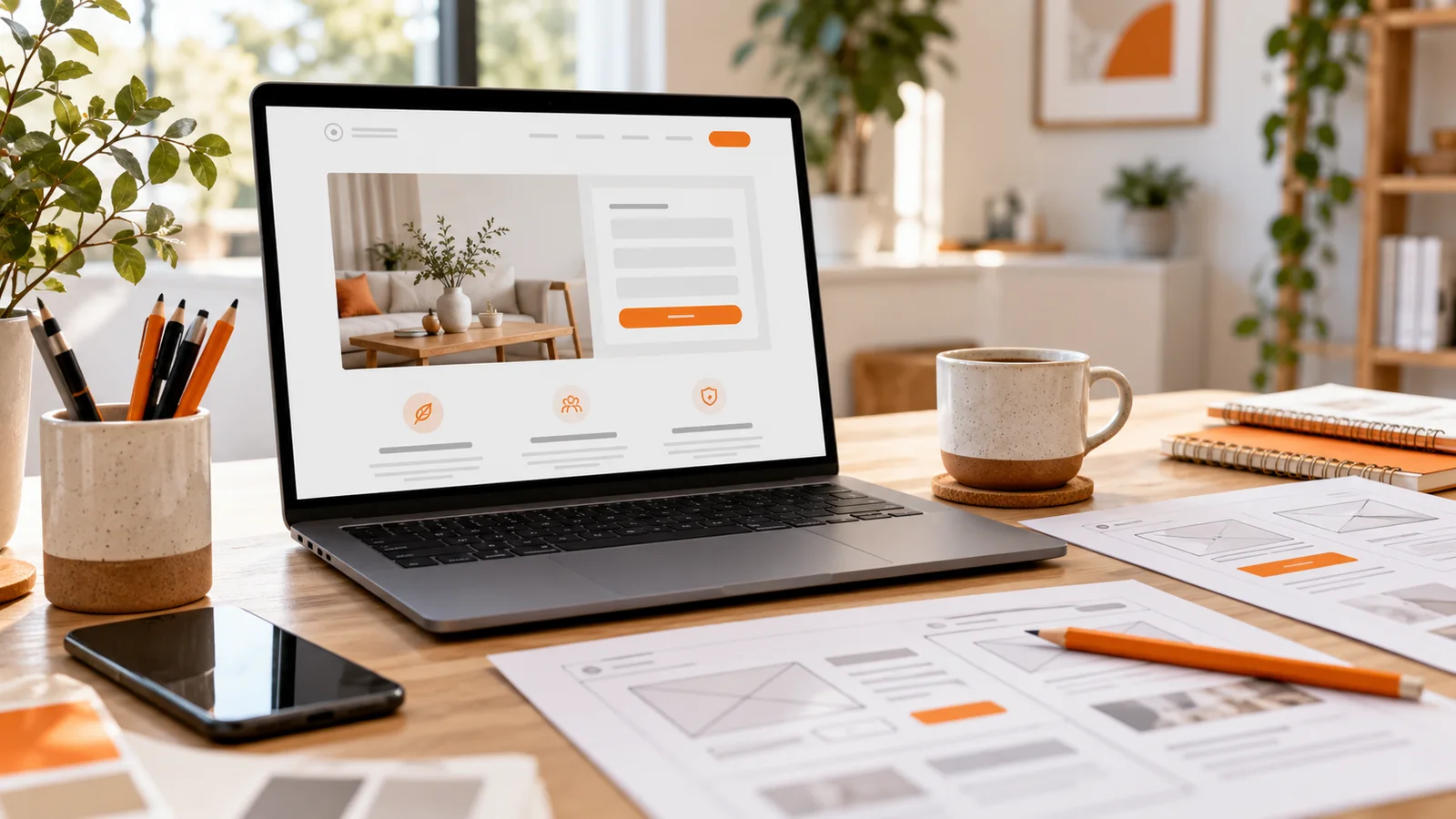 Laptop displaying a clean business landing-page wireframe with an orange action button and inquiry form.
